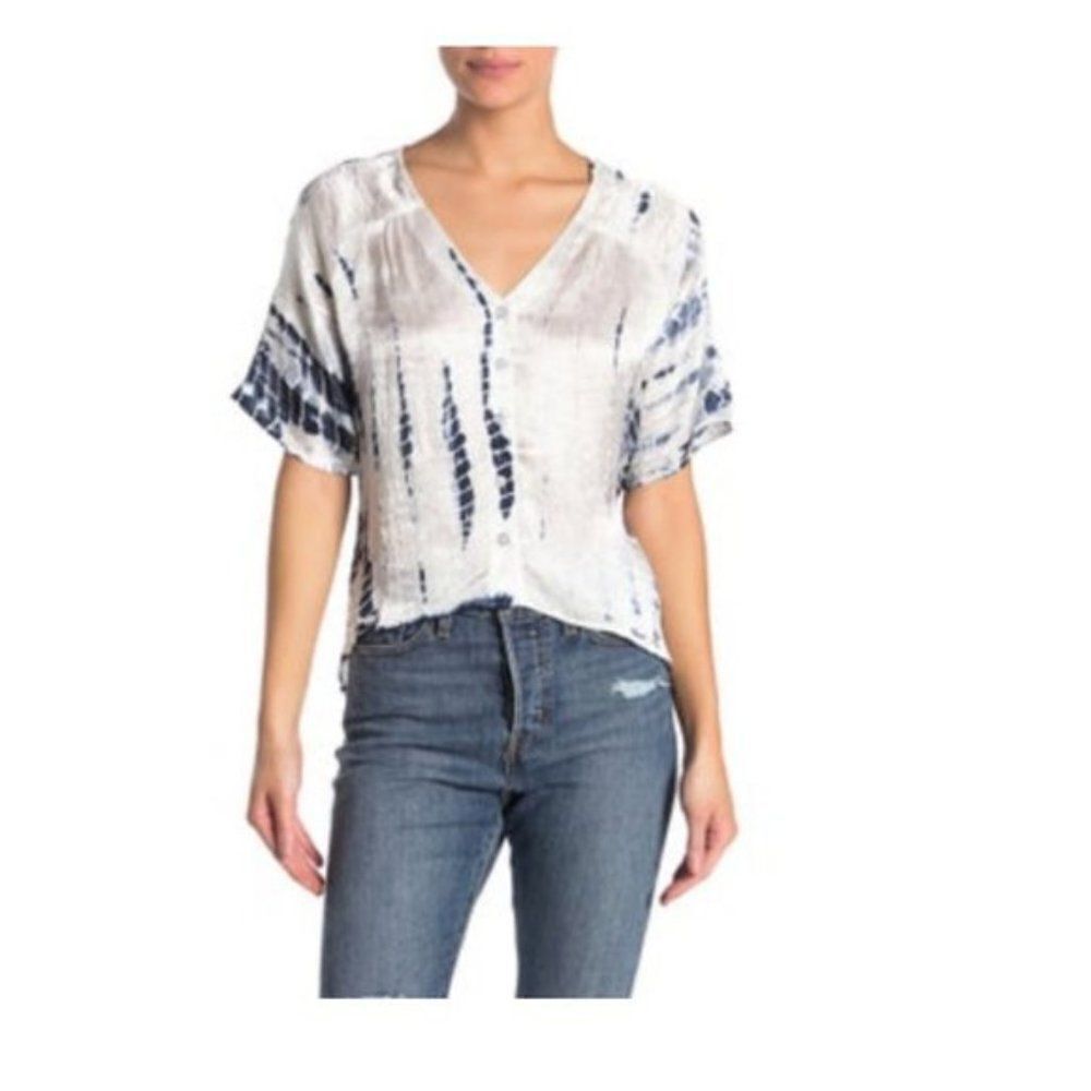 Angie White and Navy Tie-Dye V-Neck Blouse